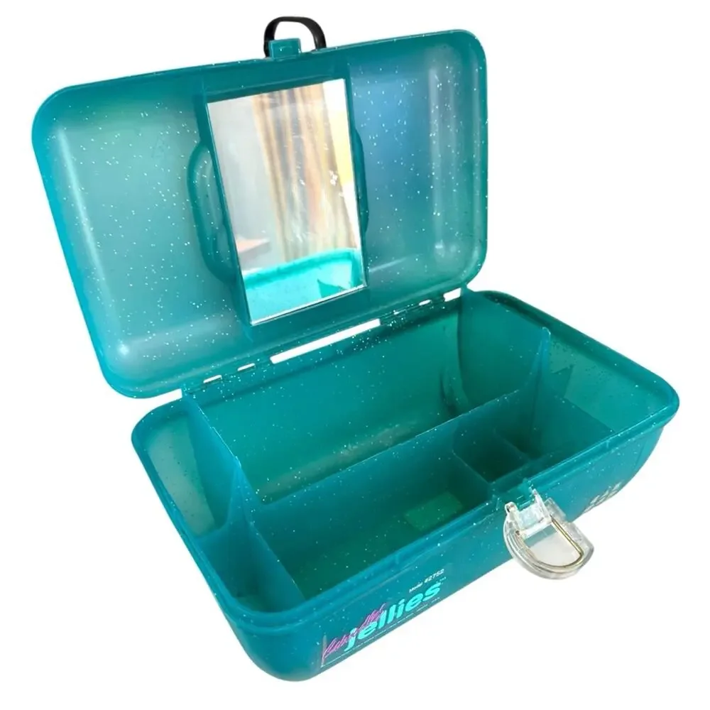 Vintage Caboodle 1990s Jellies Organizer Vanity model #2752 Teal Aqua Sparkle